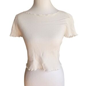 Brandy Melville White Ribbed Lettuce Trim Crop Top Short Sleeve Tee White OSFA